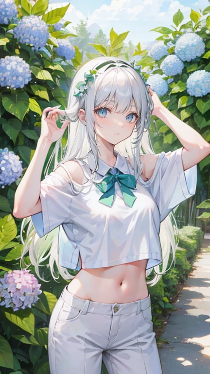 White hair,Long hair,Bangs,Bangs整齐,Green hairband,Gray eyes,girl,cute,laughing expression,Short sleeves with exposed shoulders,White pants,Navel,Standing on the ground,Don't show your arms,Background is hydrangea,Lots of hydrangeas,many clouds