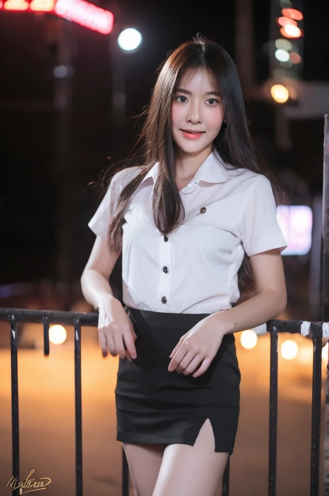 best quality, 8k, highly detailed face and skin texture, high resolution, cute asian girl in white shirt and black short skirt in city at night, sharp focus