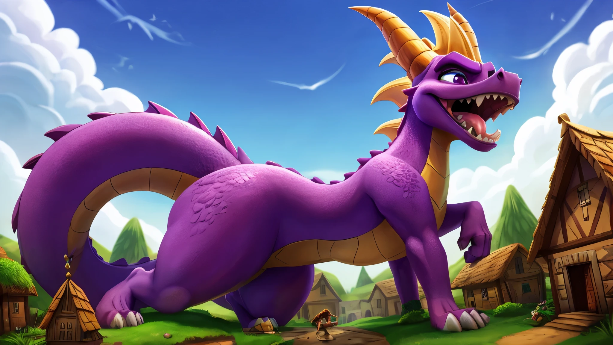 Spyro, Feral, ((thick tail bottom)), female, wide hips, mawshot, Best quality, macro, on a village, from back, looking away