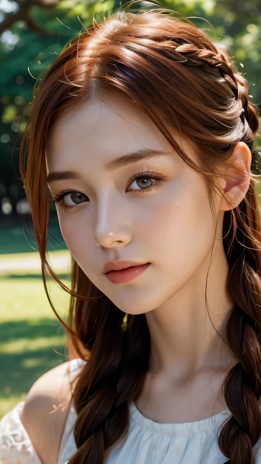 hd, (The finest details) (最high quality), Girls in their 20s,Redhead woman with long red braided hair and a green dress taking a photo, Mature and gorgeous, Natural light and shadow、 (Detailed face), (Beautiful fine details), Dynamic pose), masterpiece, 最high quality, high quality, High resolution, (Face close-up)、In the park on a moonlit night、