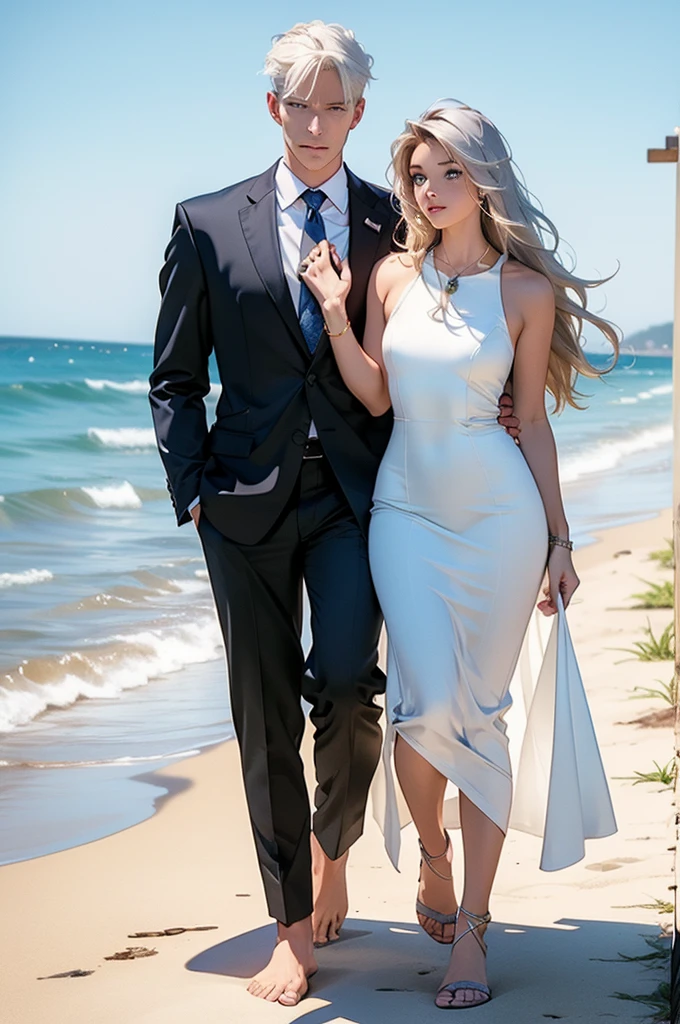 A tall, handsome, stately, masculine majestic man is platinum blond, he has very long straight white hair, long bangs, gray-blue eyes, athletic build, he is dressed in a gray business suit. He walks barefoot along the ocean beach at dawn, holding the hand of an incredibly beautiful blonde girl with long golden hair, blue eyes, she is dressed in a light white silk dress, she walks barefoot, holding sandals in her hand. They are in love with each other. Masterpiece, perfect drawing, realistic drawing, full-length drawing, detailed study, 8k. full-length image, realistic image, dynamic image, detailed image. an extremely detailed illustration, a real masterpiece of the highest quality, with careful drawing. anime style.