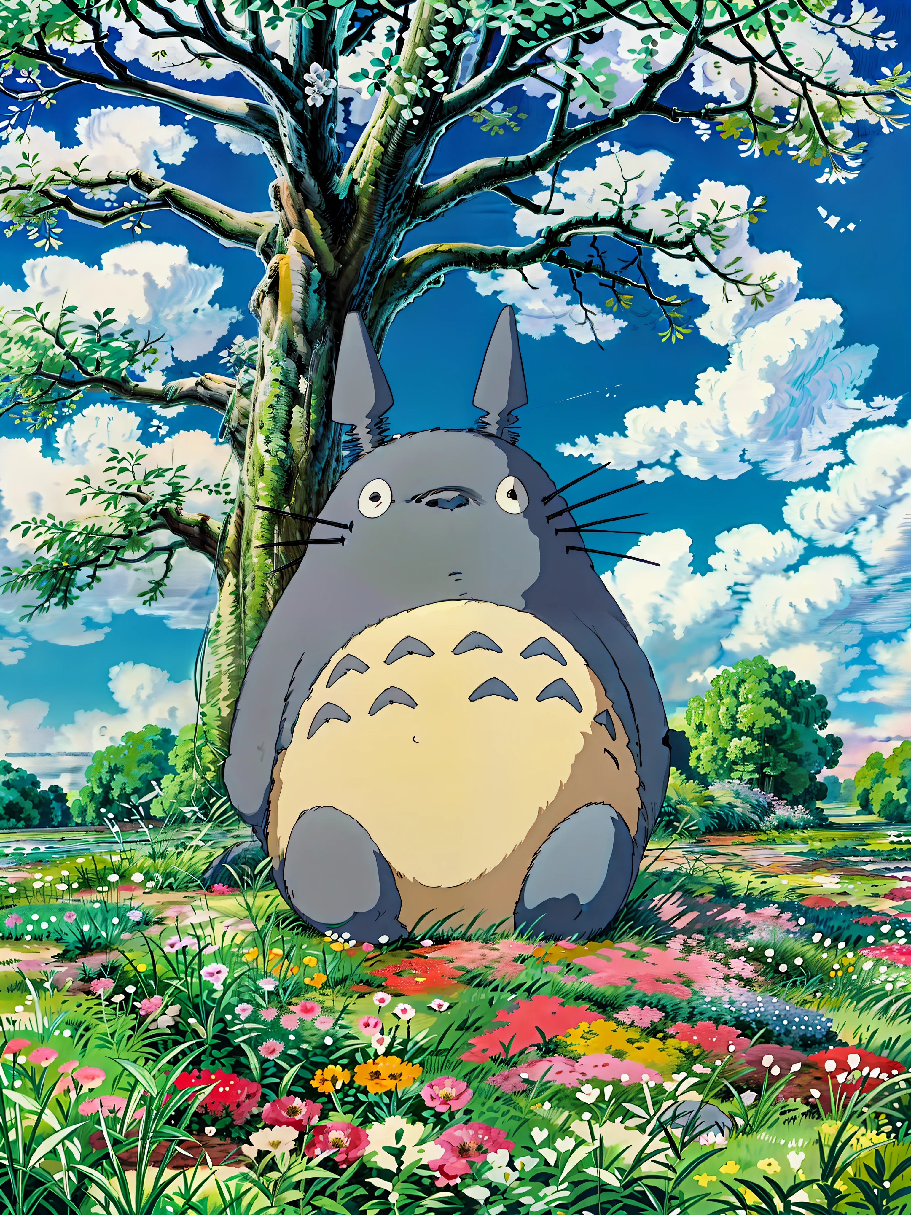 totoro sleeping in the field of flowers under tree, blue cloudy sky, studio ghibli, 4k hd,, beautiful art uhd 4 k, a beautiful artwork illustration, beautiful digital painting, highly detailed digital painting, beautiful digital artwork, detailed painting 4 k, very detailed digital painting, rich picturesque colors, gorgeous digital painting