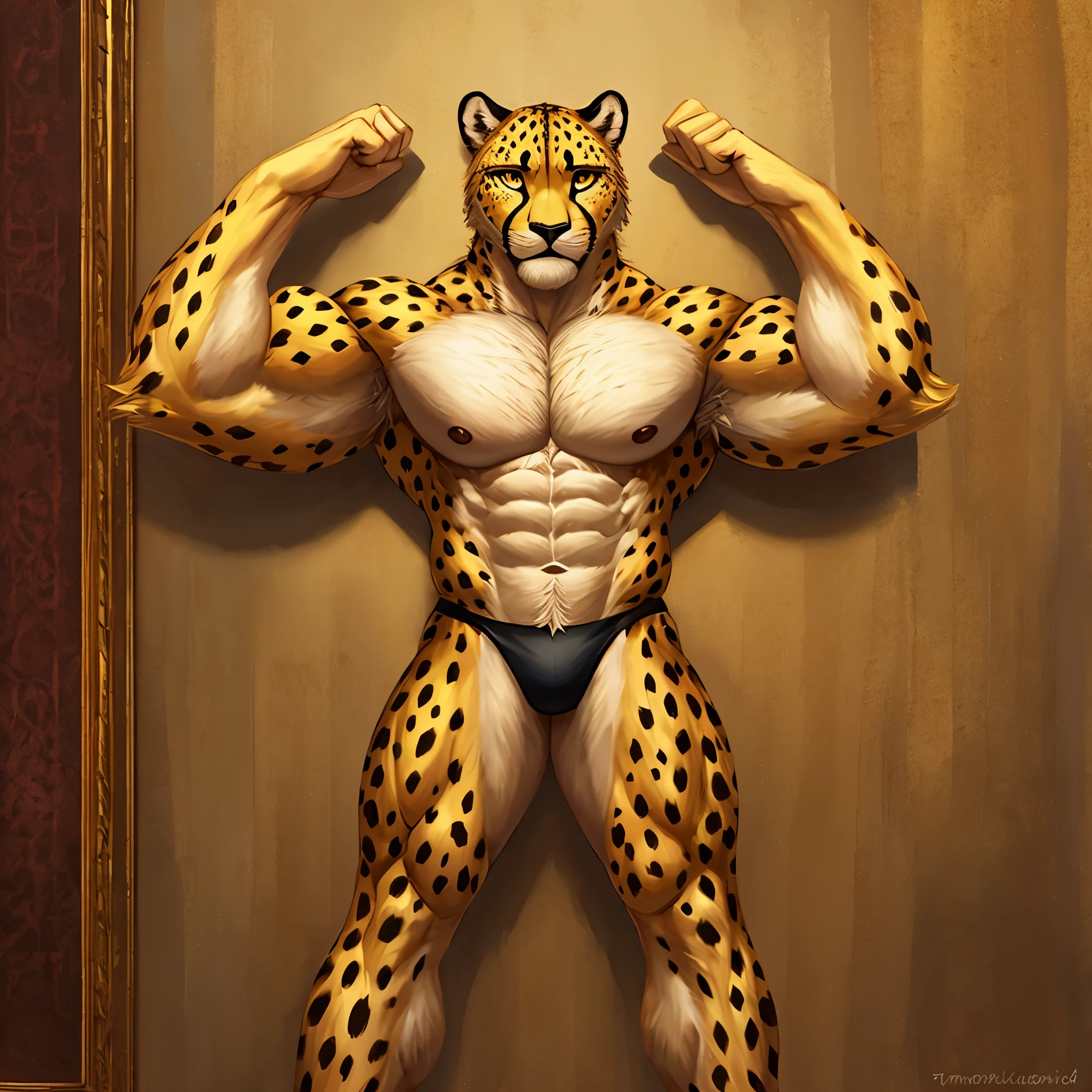 yellow fur，yellow eyes, cheetah furry, alone, Handsome face，Handsome eyes ，Hairy pectorals， Strong arms，Gorgeous facial features，Beautiful and delicate eyes，Complex fur，Detailed face，Perfect skin texture， Wide shoulders， large pecs， big bicep， Abs， upper legs，Delicate golden eyes，（simplebackground，white backgrounid：1.3），full bodyesbian，（tmasterpiece：1.2），（best qualtiy：1.3），standing on your feet，Black thong，Bare upper body, Painting material，hands raised overhead