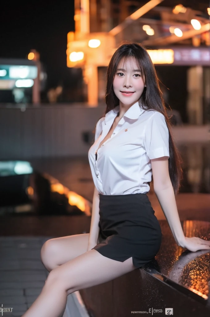 best quality, 8k, highly detailed face and skin texture, high resolution, big tits cute asian girl in white shirt and black short skirt under neon light, sharp focus