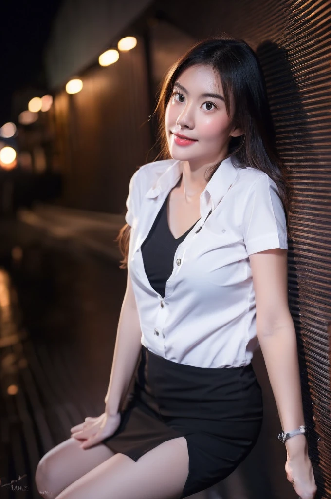 best quality, 8k, highly detailed face and skin texture, high resolution, cute asian girl in white shirt and black short skirt in city at night, sharp focus