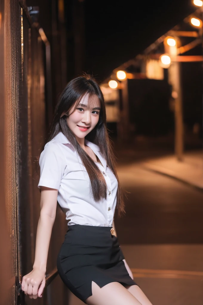 best quality, 8k, highly detailed face and skin texture, high resolution, cute asian girl in white shirt and black short skirt in city at night, sharp focus