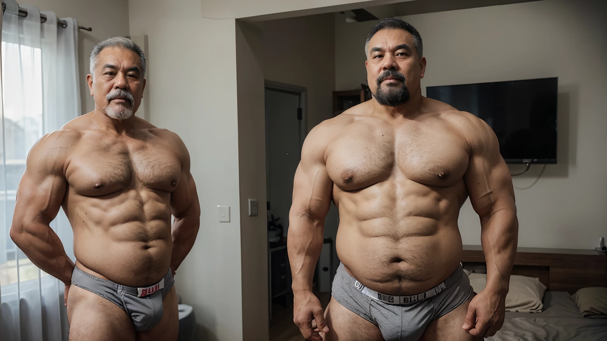 2 Vietnamese grandfathers with gray hair, old man face, a thick gray mustaches, a short gray chin beard, strongman body, wearing a massive bulging gray jockstraps stand in bedroom, have belly, big muscular chest, a sexy pose, show full body.