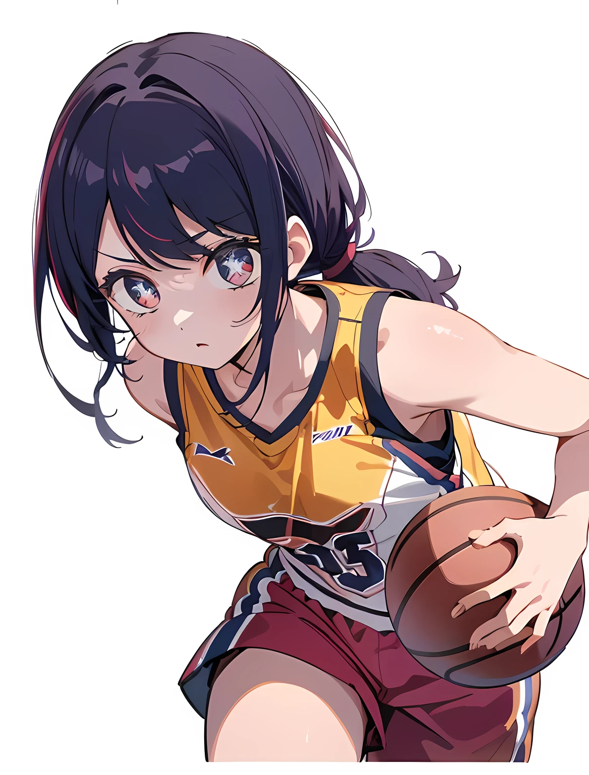 ai hoshino,basketball player, (basketball court background:1.3), (red, yellow, black, sportswear),(pony tail:1.3),(head to thigh visible:1.4), playing basketball, intense basketball match, ((running while holding basketball)), ((sharp focus)) daytime,indoor lighting,anime style,oshi no ko art style, best quality, unity 8k wallpaper, anatomically correct, (((masterpiece))), (((best quality))), (((ultra detailed))), (((high-resolution))), ((super fine illustration)), ((Ultimate cutie)), ((detailed beautiful face)), ((perfect hands)), perfect finger, ((perfect eyes)), (((good anatomy))), Solo, One girl,(looking at the screen:1.4), long purple hair, 16 year old five-pointed star in the eyes, medium breasts, (round chest:1.3), healthy feminine body, ((dribble a beautiful Perfectly spherical 6" basketball with one hand)), speedy moment, good camera angle, ((running)), (plain white background:1.4)