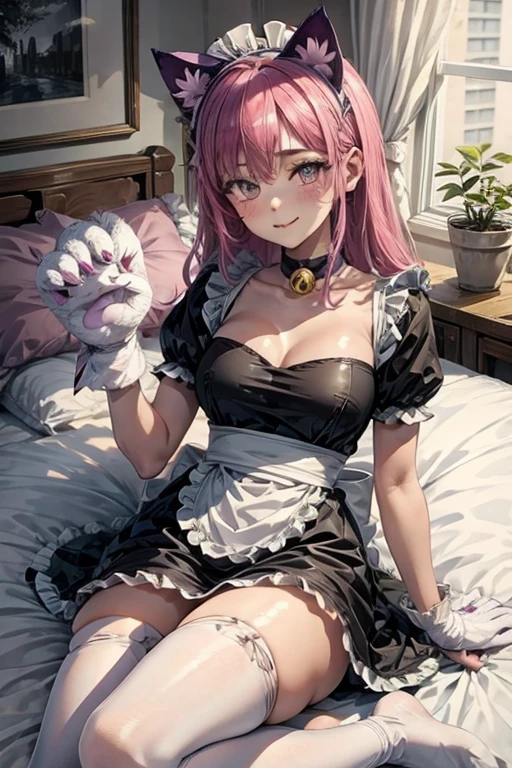 pinku_pawlette, cat_ears, cat_tail, pink_hair, purple_eyes, hair_over_one_eye maid, maid_uniform, maid_headdress, dress, paw_gloves, cat_paws, white_legwear, neck_bell, bell, shoes, lie in bed, smiling, blushing