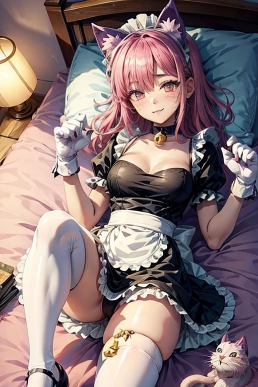 pinku_pawlette, cat_ears, cat_tail, pink_hair, purple_eyes, hair_over_one_eye maid, maid_uniform, maid_headdress, dress, paw_gloves, cat_paws, white_legwear, neck_bell, bell, shoes, lie in bed, smiling, blushing