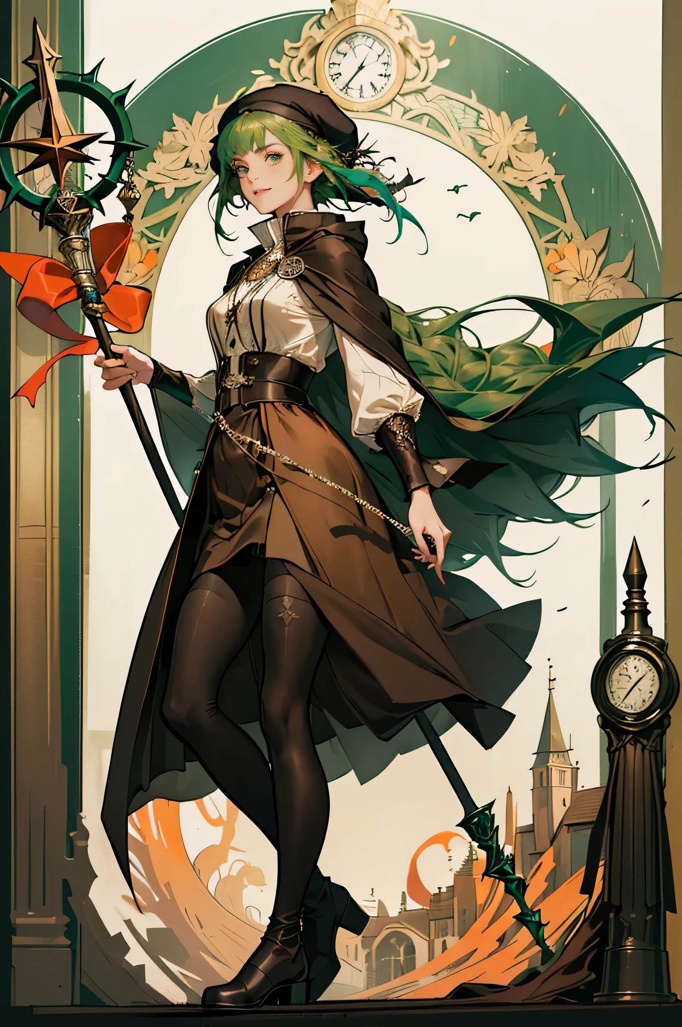 masterpiece, ultra detailed, 8K Portrait, Raw photo, a portrait photo of, Highly detailed face, beautiful and meticulous eyes, ((Fantasy)), Young beautiful, 22 years old, smile, dynamic pose, (((Long Straight deep green hair))), ((One side is woven with orange ribbon)), blunt bangs, beret, White skin color, Luxury, hooded (((dark brown))) (((silk long cloak))) fluttering in the wind, (((dressed shirt))), (((maxi skirt))), (((dark thigh high tights))), high cut leather boots, (((lift up long magical staff))), ((equip a pocket watch)), Body model, Small breasts, Beautiful breasts, Long legs, Midday Sun, Hyper realistic, in a castle, Ambient lighting, Shadow details, strong breeze, Light fog