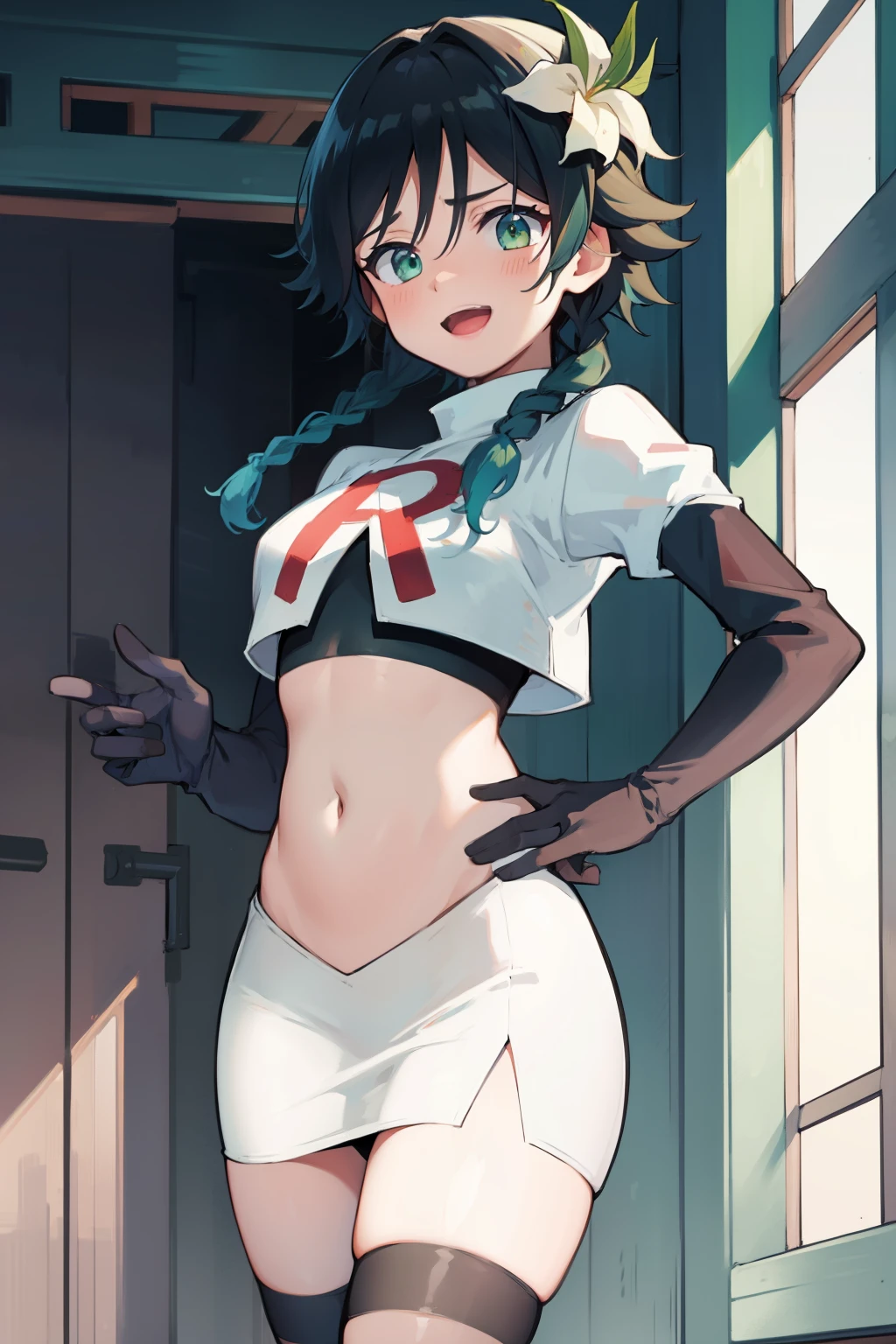 absurdres,venti,1boy, male focus, trap,black hair, green-blue hair, hair braid,hair flower,aqua green eyes,crossdressing,1boy,team rocket,team rocket uniform,white skirt,red letter R,crop top,black thigh-highs,black elbow gloves, laughing,happy, blush