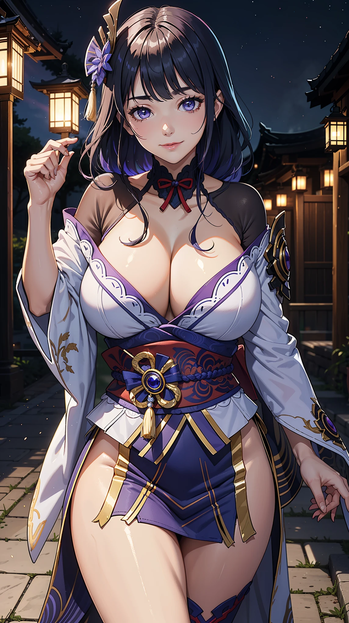Masterpiece, high quality, blurry background, hd, 4k, night,raidenshogundef, (huge breasts), outdoors, standing, blush, looking at viewer, smile, upper body, (dynamic poses, dynamic angle