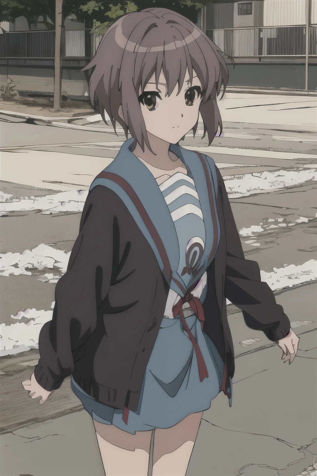 masterpiece, best quality, high resolution,
cowboy shot, anime coloring,(Pavement and Snowscape:1.2)
kyoani haruhi style, cinematic,
,kyoani haruhi style, 1girl, solo, yuki nagato, nagato yuki,nagato yuki \(The SUZUMIYA HARUHI\), kita high , short hair, , blue sailor collar, sailor collar, serafuku, cardigan, purple hair, bangs, brown eyes, anime coloring, small breasts, ((masterpiece)), 