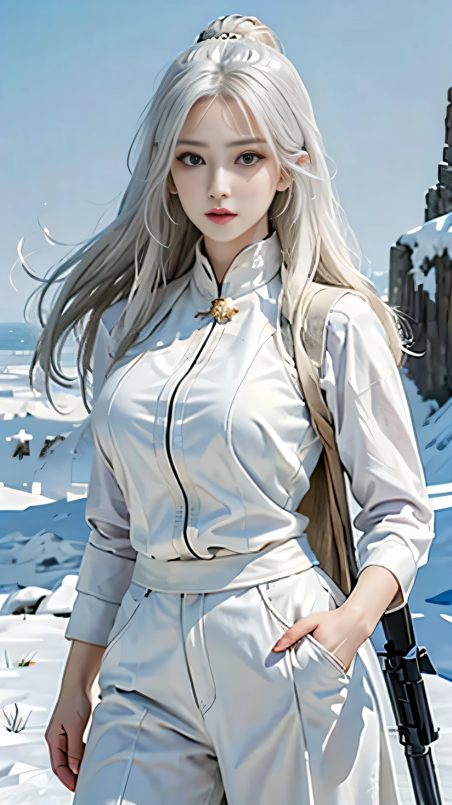lifelike, High resolution, 1 lady, alone,snow background, looking at camera, (Detailed face), white hair, Vest, gun, jewelry,Fingers are covered,blond,Thick clothes,beautiful tall woman,standing on top of snow,Carrying a knife on his back