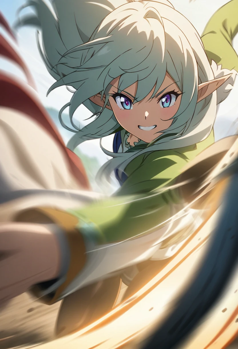 1 woman, elf, Anime style painting with motion blur trails