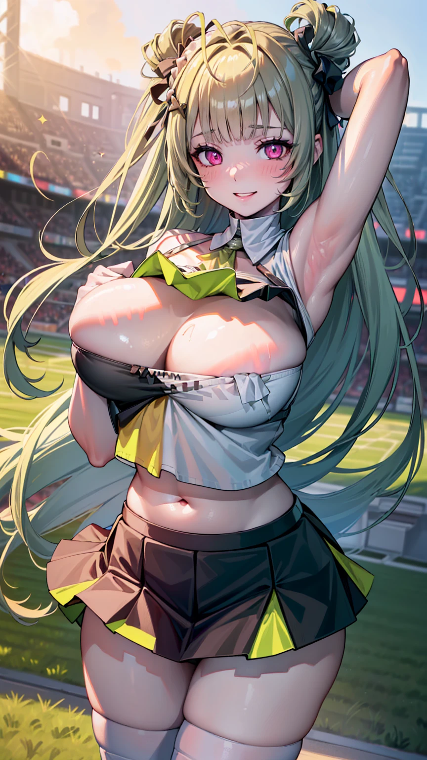 ((highly detailed)), ((nikke)), ((soda: 1.2)), perfect human hands, (great breast:1.1),masterpiece, best quality, ultra-detailed, glistening shiny, glowing light, ray tracing, HDR, deph of field, (perfect face, detailed face, detailed eyes,perfect hands,perfect fingeredium :1.2),8k,HD,ultra realistic face,ray tracing,perfect lighting,best quality, ultra-detailed, shiny eyes, ( smile:1.1), ((1girl:1.2)),cowboy shot,thicc,streaked_hair,((green gradient hair)),multicolored eyes, gradient eyes, red eyes, (glowing eyes:1.5), mascara, (fashion make up), (parted lips,blush, detailed face, (((cheerleader))), stadium , (((morning:1.4))), dark blue sky),((super detailed background)),((super detailed background)), dynamic poses, ((8k wallpaper)), (mature female), black thighhighs, gigantic sagging breast, (((lifting up skirt:1.4))), (((cheerleader outfit))), (((pom poms in hands:1.2))), (((pepper inside a stadium))), (((cheerleader shirt:1.2))), (((cheerleader t-shirt))), (((mini skirt: 1.3))), (((white panties))), (((jumping:1.4)))