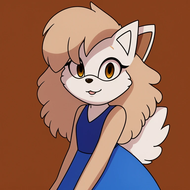 persian cat, white cat mobian, 1girl, fluffy hair, blue dress, fluffy tail
