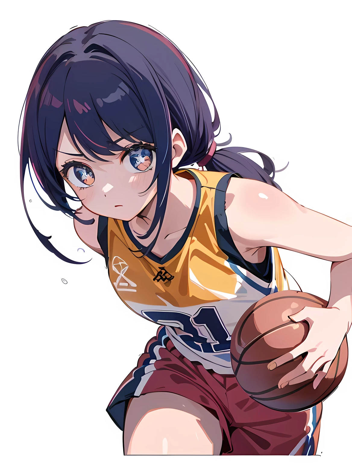 ai hoshino,basketball player, (basketball court background:1.3), (red, yellow, black, sportswear),(pony tail:1.3),(head to thigh visible:1.4), playing basketball, intense basketball match, ((running while holding basketball)), ((sharp focus)) daytime,indoor lighting,anime style,oshi no ko art style, best quality, unity 8k wallpaper, anatomically correct, (((masterpiece))), (((best quality))), (((ultra detailed))), (((high-resolution))), ((super fine illustration)), ((Ultimate cutie)), ((detailed beautiful face)), ((perfect hands)), perfect finger, ((perfect eyes)), (((good anatomy))), Solo, One girl,(looking at the screen:1.4), long purple hair, 16 year old five-pointed star in the eyes, medium breasts, (round chest:1.3), healthy feminine body, ((dribble a beautiful Perfectly spherical 6" basketball with one hand)), speedy moment, good camera angle, ((running)), (plain white background:1.4)