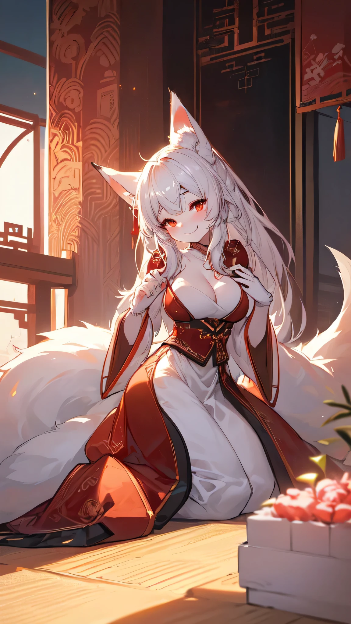 (best quality,4K,high resolution), fluffy, white fur, adorable face, red accents on fur, breasts, beautiful lighting, ambient light, extremely detailed fur, volumetric lighting, fox, Chinese style, kneeling pose, smiling, looking at you.