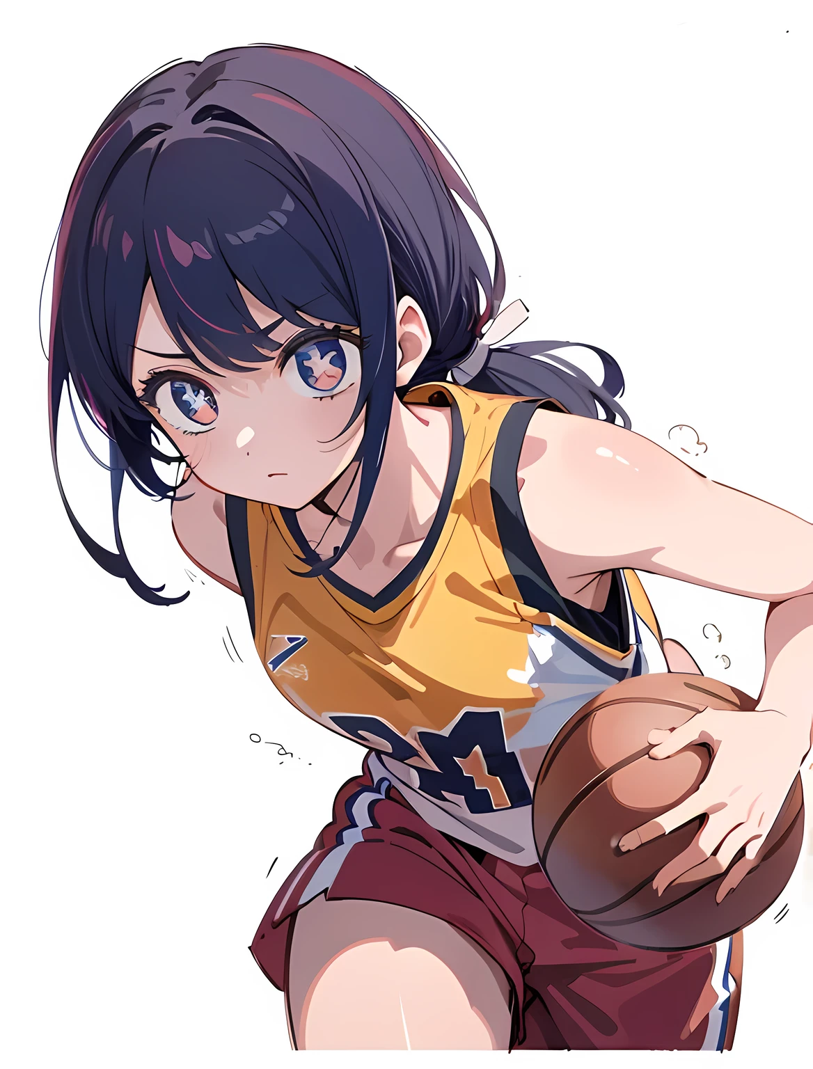 ai hoshino,basketball player, (basketball court background:1.3), (red, yellow, black, sportswear),(pony tail:1.3),(head to thigh visible:1.4), playing basketball, intense basketball match, ((running while holding basketball)), ((sharp focus)) daytime,indoor lighting,anime style,oshi no ko art style, best quality, unity 8k wallpaper, anatomically correct, (((masterpiece))), (((best quality))), (((ultra detailed))), (((high-resolution))), ((super fine illustration)), ((Ultimate cutie)), ((detailed beautiful face)), ((perfect hands)), perfect finger, ((perfect eyes)), (((good anatomy))), Solo, One girl,(looking at the screen:1.4), long purple hair, five-pointed star in the eyes, medium breasts, (round chest:1.3), healthy feminine body, ((dribble a beautiful Perfectly spherical 6" basketball with one hand)), speedy moment, good camera angle, ((running)), (plain white background:1.4)