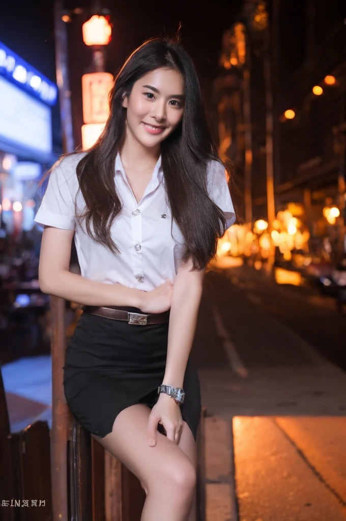 best quality, 8k, highly detailed face and skin texture, high resolution, big tits cute asian girl in white shirt and black short skirt under neon light, sharp focus