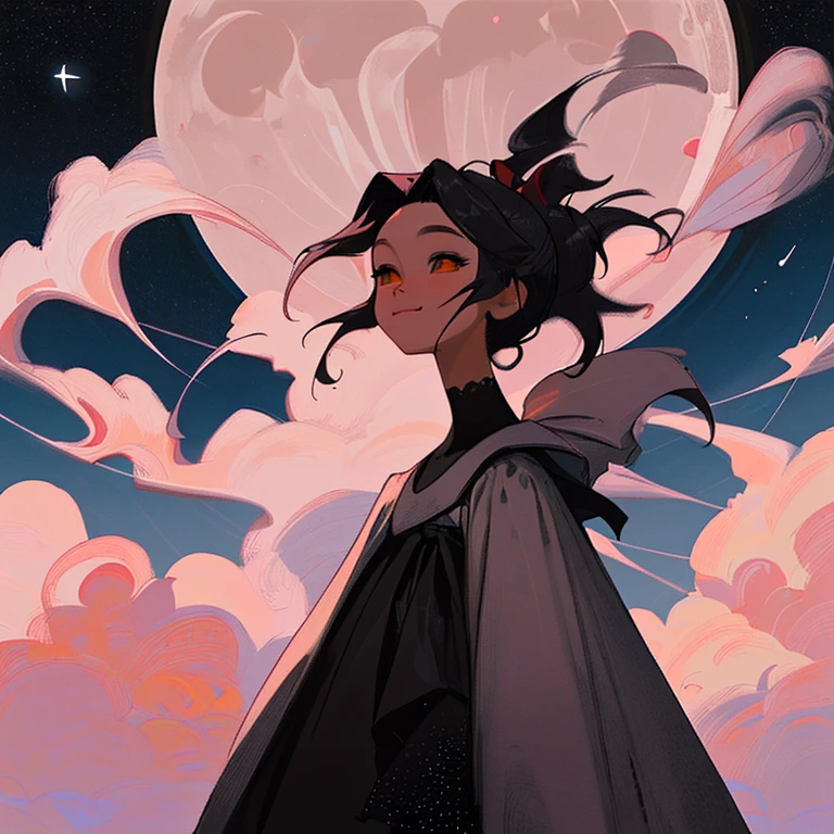 Obra maestra, mejor calidad, detallado, 1 chica, solo, noche sky, al aire libre, Luna llena, estrellas, nubes, noche,, sakura oscuro, (vestido negro), pelo largo, Sonrisa maligna, Red ribbon, a rayas, muslos