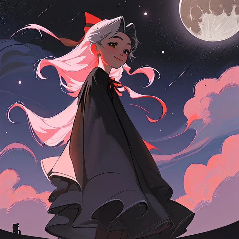 Obra maestra, mejor calidad, detallado, 1 chica, solo, noche sky, al aire libre, Luna llena, estrellas, nubes, noche,, sakura oscuro, (vestido negro), pelo largo, Sonrisa maligna, Red ribbon, a rayas, muslos