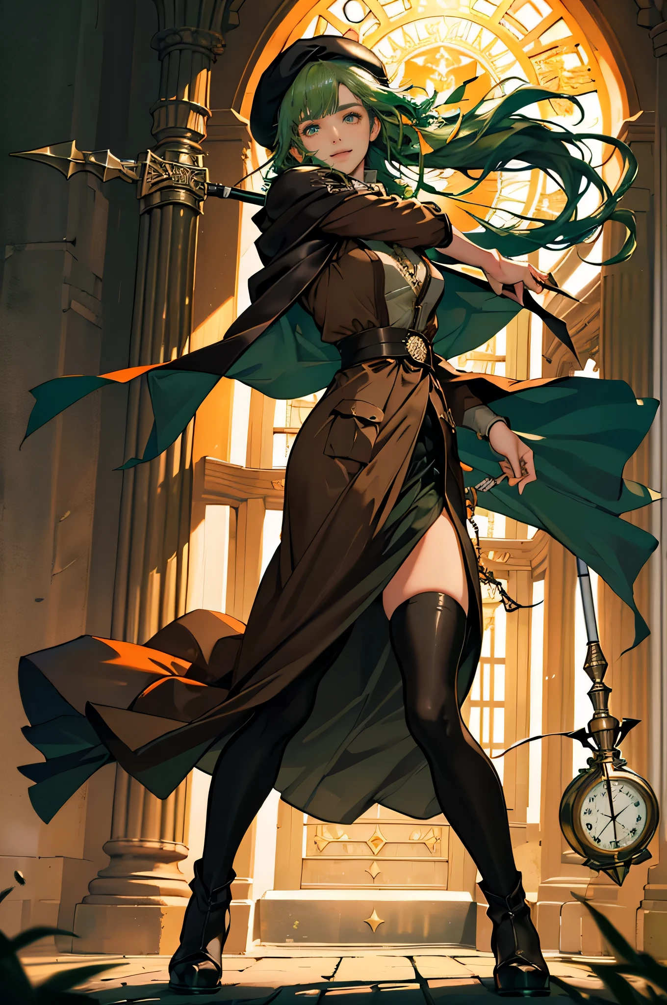 masterpiece, ultra detailed, 8K Portrait, Raw photo, a portrait photo of, Highly detailed face, beautiful and meticulous eyes, ((Fantasy)), Young beautiful, 22 years old, smile, dynamic pose, (((Long Straight deep green hair))), ((One side is woven with orange ribbon)), blunt bangs, beret, White skin color, Luxury, hooded (((dark brown))) (((silk long cloak))) fluttering in the wind, (((dressed shirt))), (((maxi skirt))), (((dark thigh high tights))), high cut leather boots, (((lift up long magical staff))), ((equip a pocket watch)), Body model, Small breasts, Beautiful breasts, Long legs, Midday Sun, Hyper realistic, in a castle, Ambient lighting, Shadow details, strong breeze, Light fog