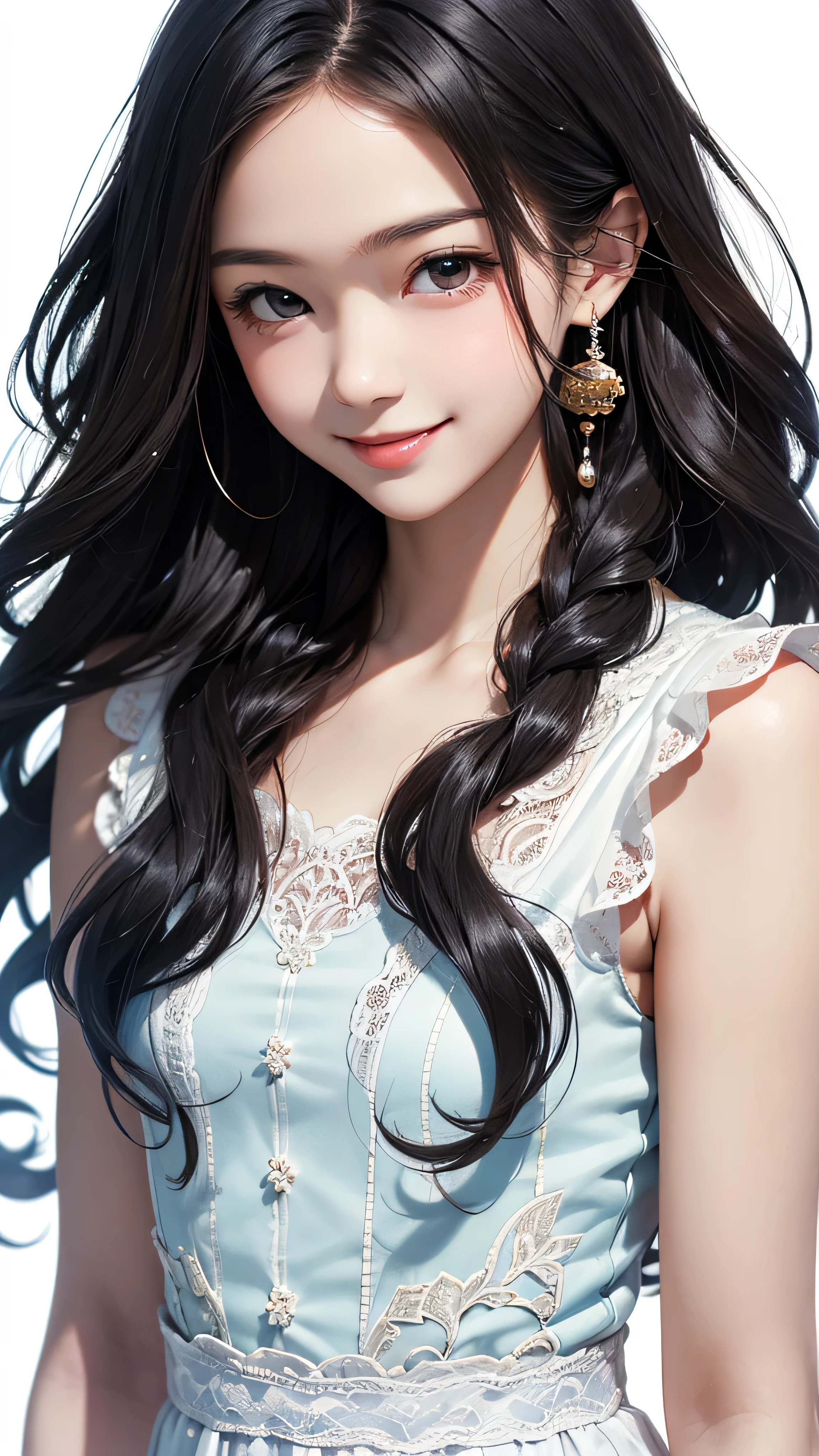 (((masterpiece))), (high resolution), (1 Japan Beautiful Girl), 12 years old, Young、Sharp Eyes、Hanging eyes、Wicked Smile、Forehead、(Long wavy black hair:1.2), (White loose long lace dress:1.2), (Plain background),