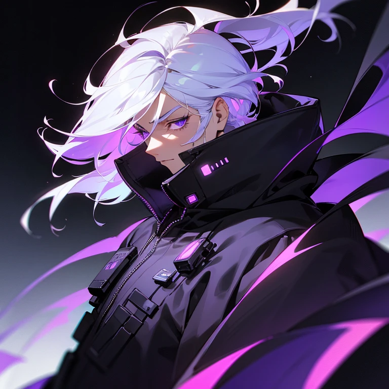 1male with white hair purple glowing radiant eyesad face expression long eyelashes, short hair, wearing black hoodie, background very high tech futuristic city black and purple theme, side view wind blowing hair, close up View, high Angle View