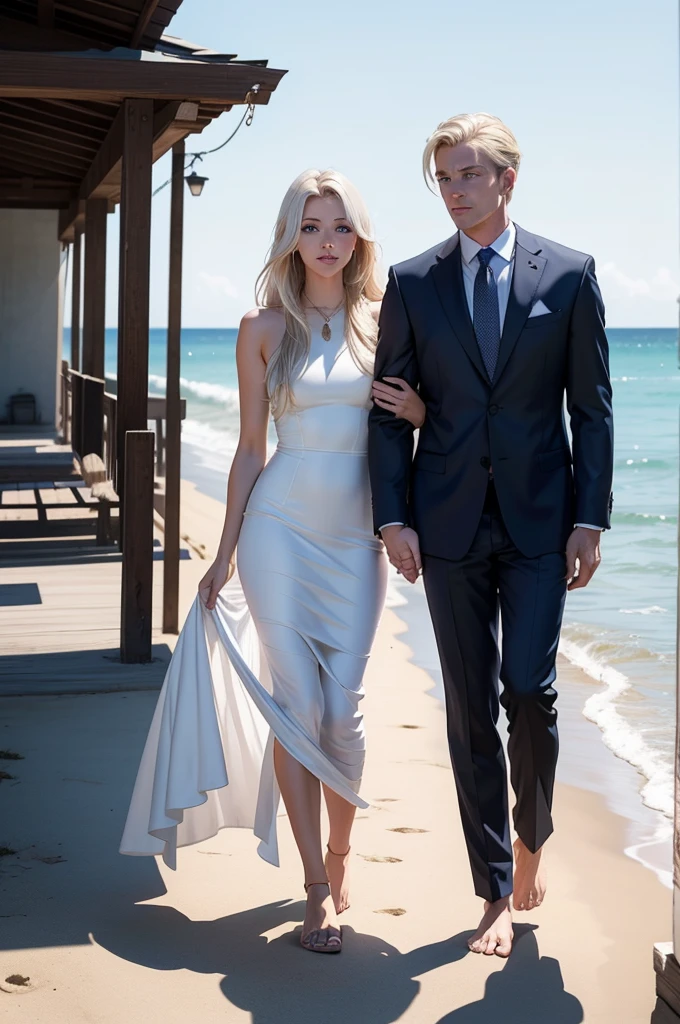 A tall, handsome, stately, masculine majestic man is platinum blond, he has very long straight white hair, long bangs, gray-blue eyes, athletic build, he is dressed in a gray business suit. He walks barefoot along the ocean beach at dawn, holding the hand of an incredibly beautiful blonde girl with long golden hair, blue eyes, she is dressed in a light white silk dress, she walks barefoot, holding sandals in her hand. They are in love with each other. Masterpiece, perfect drawing, realistic drawing, full-length drawing, detailed study, 8k. full-length image, realistic image, dynamic image, detailed image. an extremely detailed illustration, a real masterpiece of the highest quality, with careful drawing. anime style.