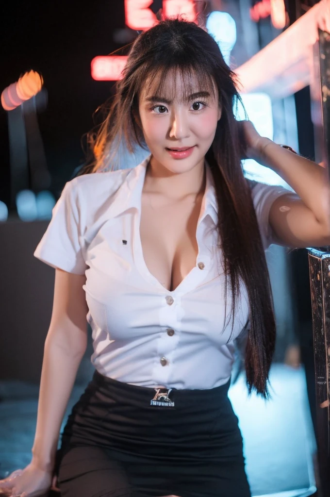 best quality, 8k, highly detailed face and skin texture, high resolution, big tits cute asian girl in white shirt and black short skirt under neon light, sharp focus