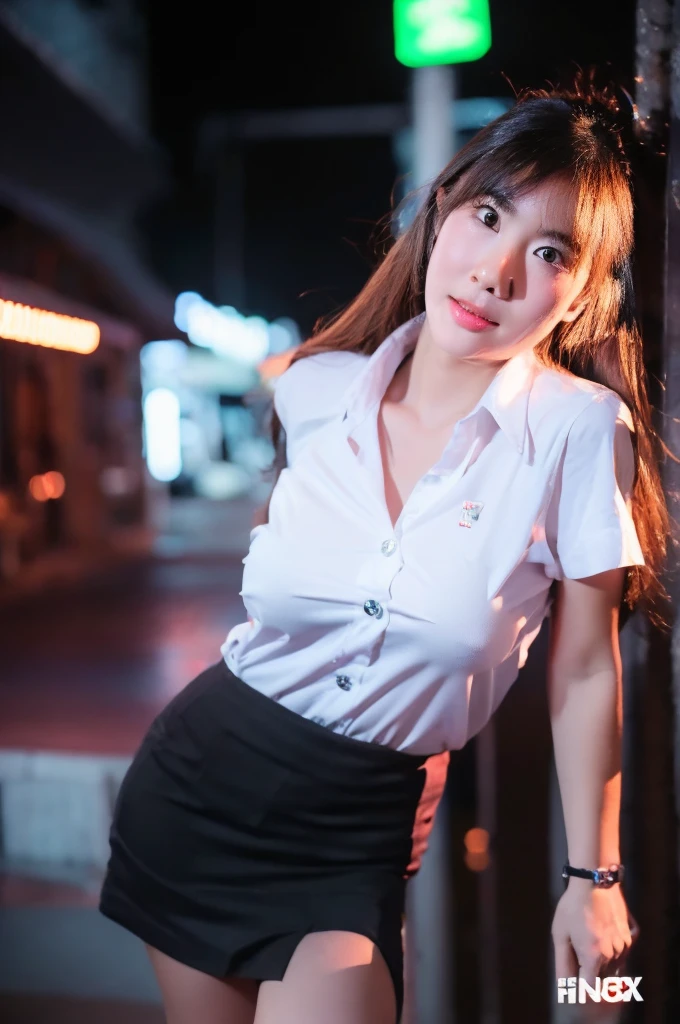 best quality, 8k, highly detailed face and skin texture, high resolution, big tits cute asian girl in white shirt and black short skirt under neon light, sharp focus