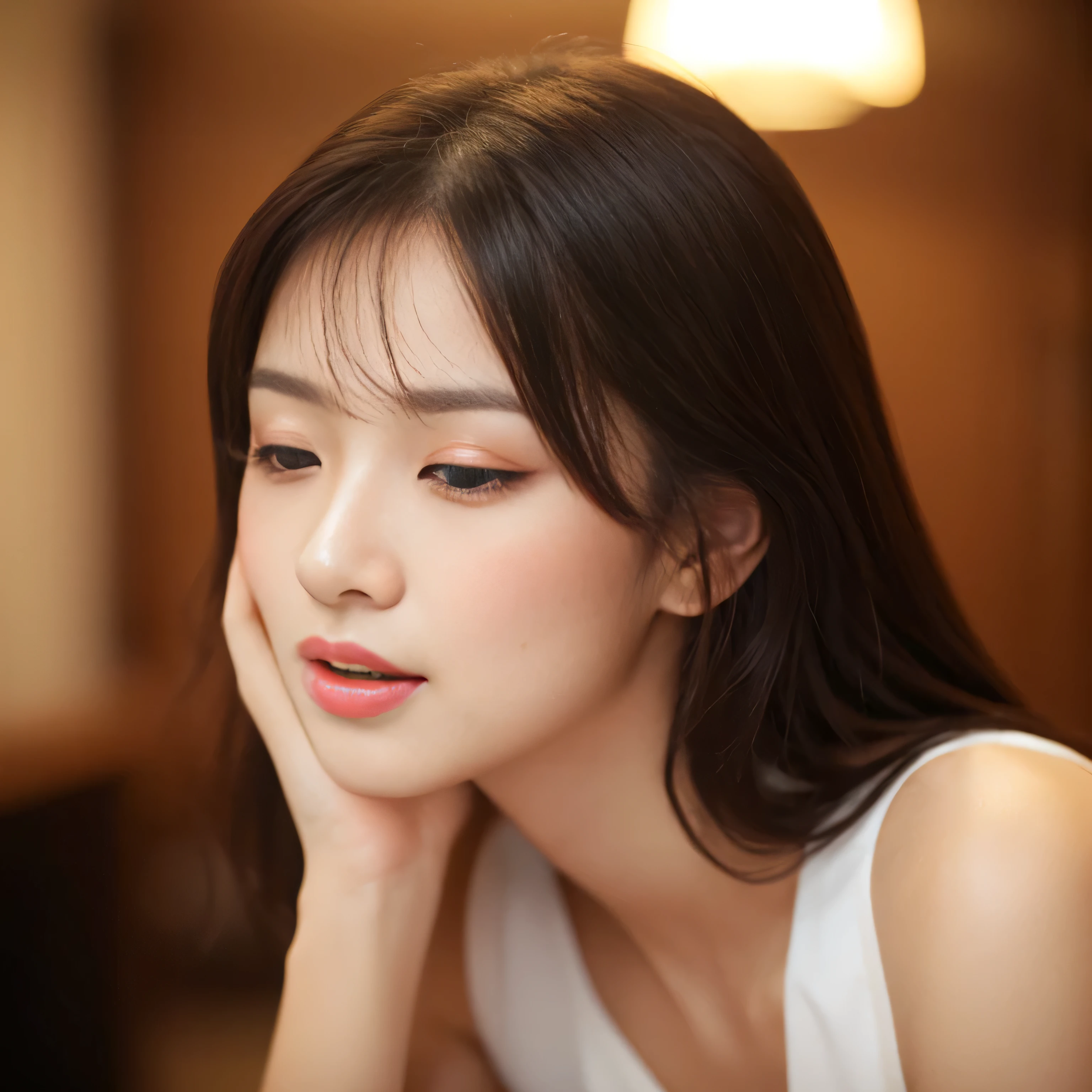 (Mouth open:1.5)　(The eyes are narrowed:1.6)　(She is facing forward:1.2)　(Face close-up:1.2)　(Professional photographer taking pictures with a single-lens reflex camera　８K)　((Her bangs are very neatly cut and reach down to her eyes.))　(Her hair is parted in the center)　(Her hair is very shiny and glossy, Are you okay, thick, silky, And incredibly straight medium-long hair)　((highest quality)), ((masterpiece)), (Familiar), Perfect Face　(Surreal photos by professional photographers)　(She has a typical Japanese build and skin color., Her skin is very delicate and sensitive.、And such beautiful glowing skin)　(Her face is long, Small eyes and small nose.、Narrow-mouthed　And the most beautiful)　(She is one of the most beautiful 18-year-old Japanese high school girls in Japan..)　(She has a professional and ladylike makeup:1.2　Lipstick is natural red　The eyeliner is a beautiful black)　(She is wearing a beautiful white silk dress. :1.2)　(This is a luxury hotel room..)　(And get used to it)　(She is staring at your genitals with a naughty look on her face.:1.4)　(Her face is very pretty and beautiful)　double eyelid　Beautiful woman:1.4　((She is sitting upright))　　Beautifully detailed face　8k, ,(Actual, Vibrant:1.4), 8k, Photorealistic, RAW Photos, Best image quality: 1.4)　Pay attention to the details