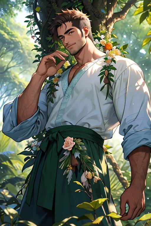 Um jovem macho musculoso sozinho na floresta, six heads tall. The detailed background depicts a bird, flowers and trees. The man is captured in a depth of field photo, making this masterpiece a creation of the finest quality.