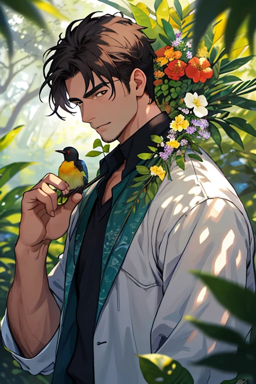 Um jovem macho musculoso sozinho na floresta, six heads tall. The detailed background depicts a bird, flowers and trees. The man is captured in a depth of field photo, making this masterpiece a creation of the finest quality.