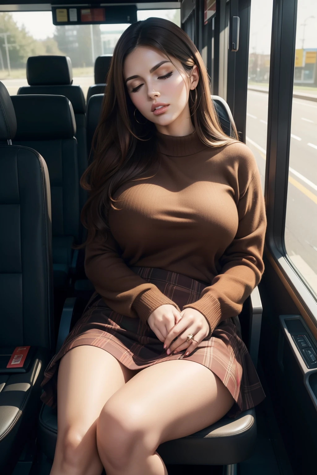 1 beautiful woman, large body, brown hair, eyelid makeup, red sweater, neckline, plaid skirt, black sandals, sleeping sitting on the bus, mouth open, eyes closed, lucy pinder.