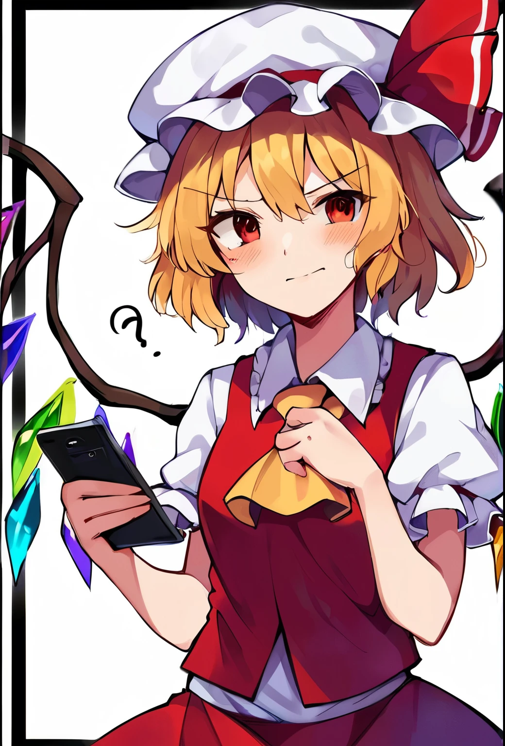 source_anime, (2d), score_9, score_8_up, score_7_up, score_6_up, score_5_up, score_4_up, solo, 1girl, standing, holding phone, looking at phone, :o, flandre_scarlet_touhou, blonde_hair, wings, red_eyes, crystal, bangs, hat, one_side_up, ribbon, mob_cap, bow, blush, smile, vest, white_headwear, red_vest, ascot, hair_between_eyes, red_bow, red_ribbon, upper_body, hat_ribbon, yellow_ascot, short_hair, confused, raised eyebrow, cowboy shot