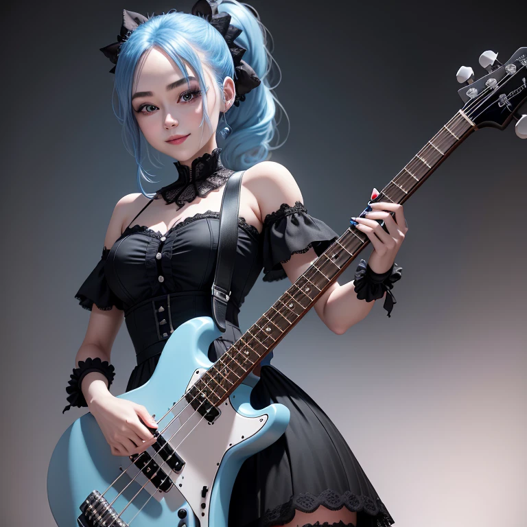 1 girl, Very pretty 25 year old woman, Big round eyes,  Her beautiful blue hair is tied in a high ponytail., White skin, A gothic dress with a black lace that barely reveals anything, Realistic and detailed dark blue one-tone small electric bass guitar, Smiling and playing happily, Black manicure