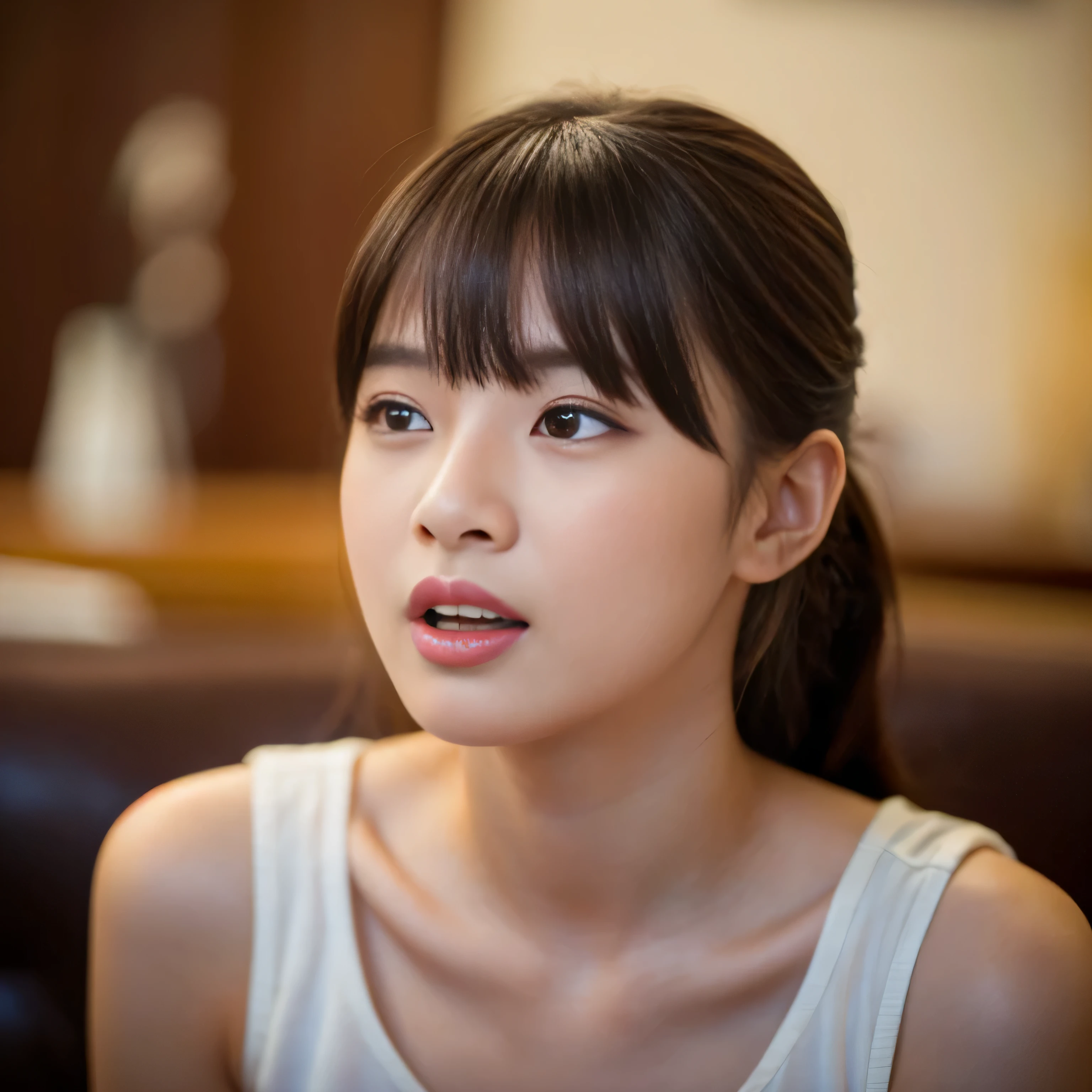 (Mouth open:1.5) (The eyes are narrowed:1.4) (She is facing forward:1.2) (Face close-up:1.2) (Professional photographer taking pictures with a single-lens reflex camera 8K) ((Her bangs are very neatly cut and reach down to her eyes.)) (Her hair is parted in the center) (Her hair is very shiny and glossy, Are you okay, thick, silky, And incredibly straight medium-long hair) ((highest quality)), ((masterpiece)), (Familiar), Perfect Face (Surreal photos by professional photographers) (She has a typical Japanese build and skin color., Her skin is very delicate and sensitive.、And such beautiful glowing skin) (Her face is long, Small eyes and small nose.、Narrow-mouthed And the most beautiful) (She is one of the most beautiful 18-year-old Japanese high school girls in Japan..) (She has a professional and ladylike makeup:1.2 Lipstick is natural red The eyeliner is a beautiful black) (She is wearing a beautiful white silk dress. :1.2) (This is a luxury hotel room..) (And get used to it) (She is staring at you with a naughty look on her face:1.2) (Her face is very pretty and beautiful) double eyelid Beautiful woman:1.4 (She is sitting upright) Beautifully detailed face 8k, ,(Actual, Vibrant:1.4), 8k, Photorealistic, RAW Photos, Best image quality: 1.4) Pay attention to the details