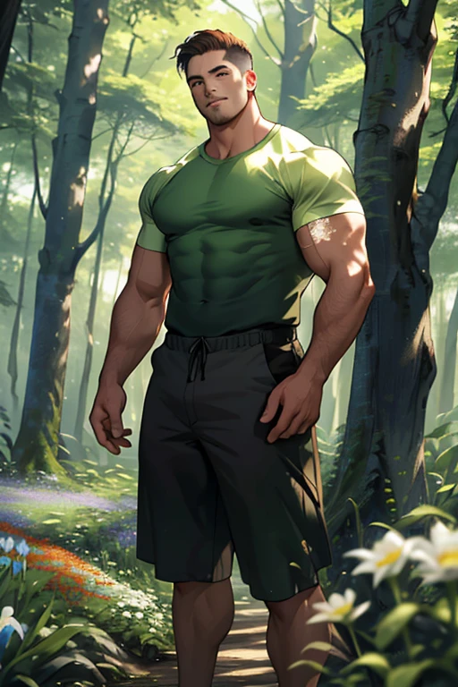 A young muscular male standing solo on the forest, six heads tall. The detailed background depicts bird, flowers and trees. The man is captured in a depth of field shot, making this masterpiece a best quality creation.