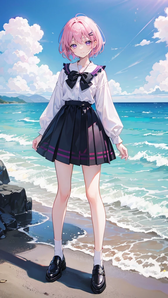 Pink hair,Purple Eyes,short hair,sister head,Two black hairpins,Girl,cute,laughing expression,Happy and happy expression,Plaid skirt,Small leather shoes,White socks,whole body,Standing on the ground,Don't show your arms,Background is beach,Blue sky and white clouds