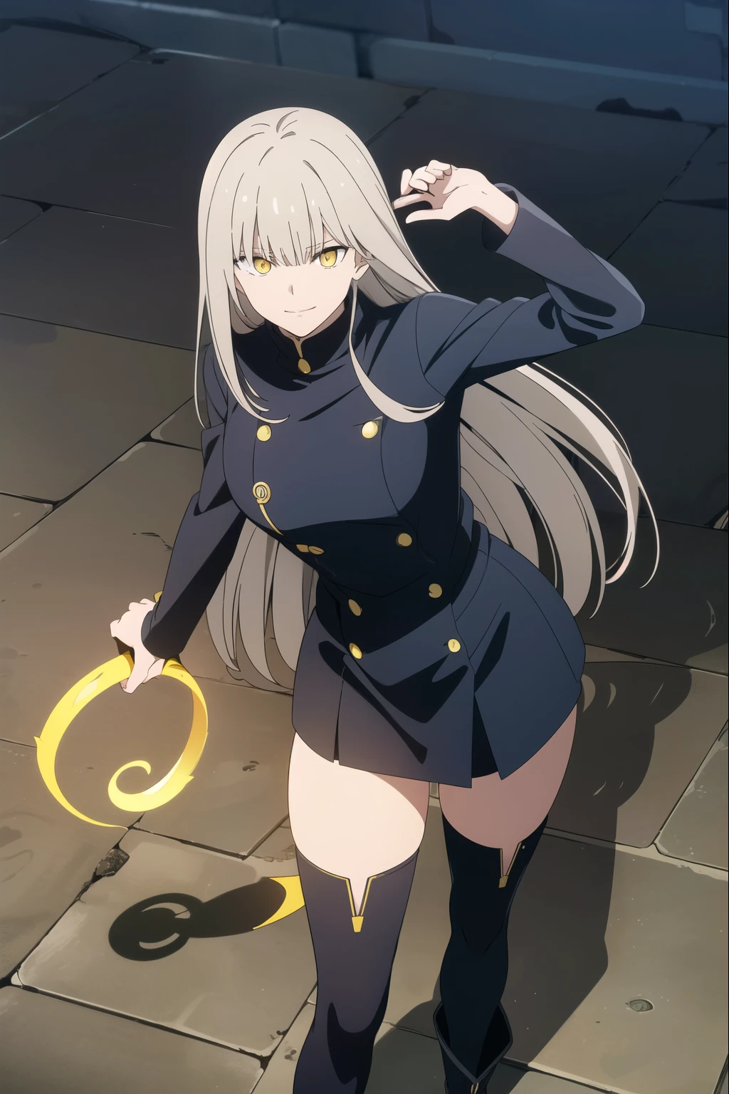 (masterpiece), (best quality), (ultra-detailed), (best illustration), (best shadow), (absurdres), cute pose, large chest, hair accessory, ((long spiky hair)), straight hair, gray hair, ((yellow eyes)), (hypno eyes), ((spiral eyes)), 1girl, solo, jacket, bangs, gakuran, smirking, long sleeves, looking at viewer, upper body, ((hair covering left eye)), ((left eye hidden)), ((bangs covering left eye)), ((hair over one eye)), boots, thigh highs, leg warmers, anklewarmers, gaiters, (holy sword),