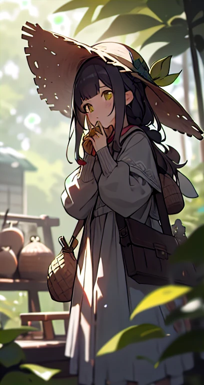 1 garota, comida, Sozinho, fruta, containment comida, containment, Cabelo longo, cabelo castanho, containment fruta, ao ar livre, mangas compridas, yellow headwear, filial, tree, tem, blurry, litter, boca fechada, olhos castanhos, dia, franja, olhando pra cima, hands up, jaqueta, folha, standing, tiro de vaqueiro, plantar, profundidade de campo, blurry background, casaco, braid, cesta, green hat, yellow jaqueta, desviando o olhar, sweater, dlitterd sunlight,