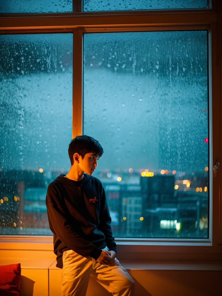 A 12 year old boy in his room on the rainy night by the window watching the viewer beautiful boy slim thin face