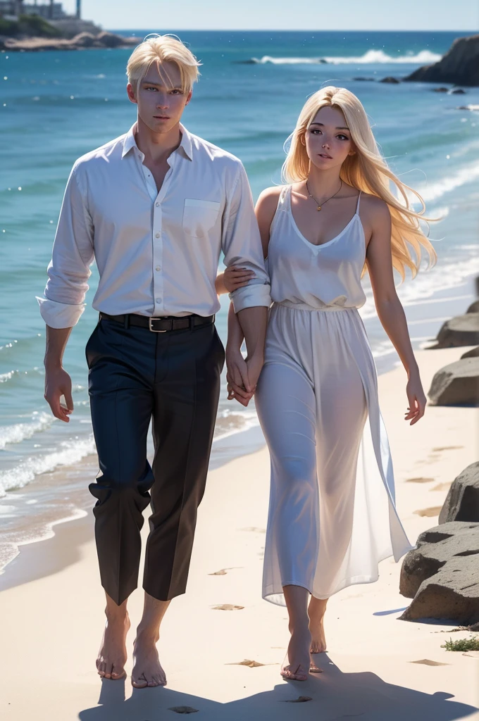 A tall, handsome, stately, masculine, athletic, majestic young man-platinum blond, he has very long straight white hair, long bangs, gray-blue eyes, athletic build, he is dressed in a light linen trousers and a light linen shirt. He walks barefoot along the ocean beach at dawn, holding the hand of an incredibly beautiful blonde girl with long golden hair, blue eyes, she is dressed in a light white silk dress, she walks barefoot, holding sandals in her hand. They are in love with each other. Masterpiece, perfect drawing, realistic drawing, full-length drawing, detailed study, 8k. full-length image, realistic image, dynamic image, detailed image. an extremely detailed illustration, a real masterpiece of the highest quality, with careful drawing. anime style.