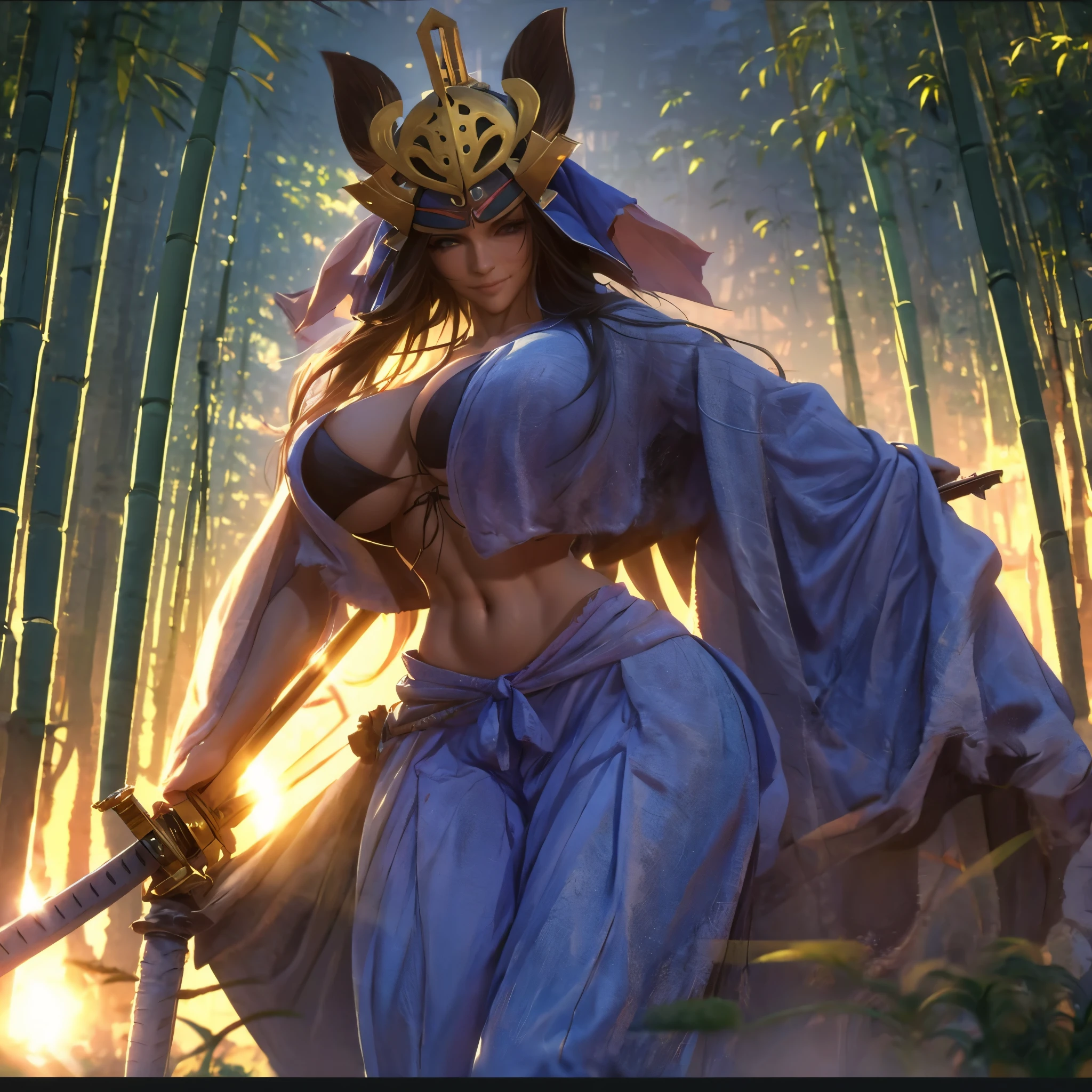 a woman wearing a weak blue kimono, big breasts, long black hair, samurai helm, holding a katana, in a landscape with bamboo, smiling.HDR, ultra resolution, well defined, masterpiece, 8K HD. (woman alone)