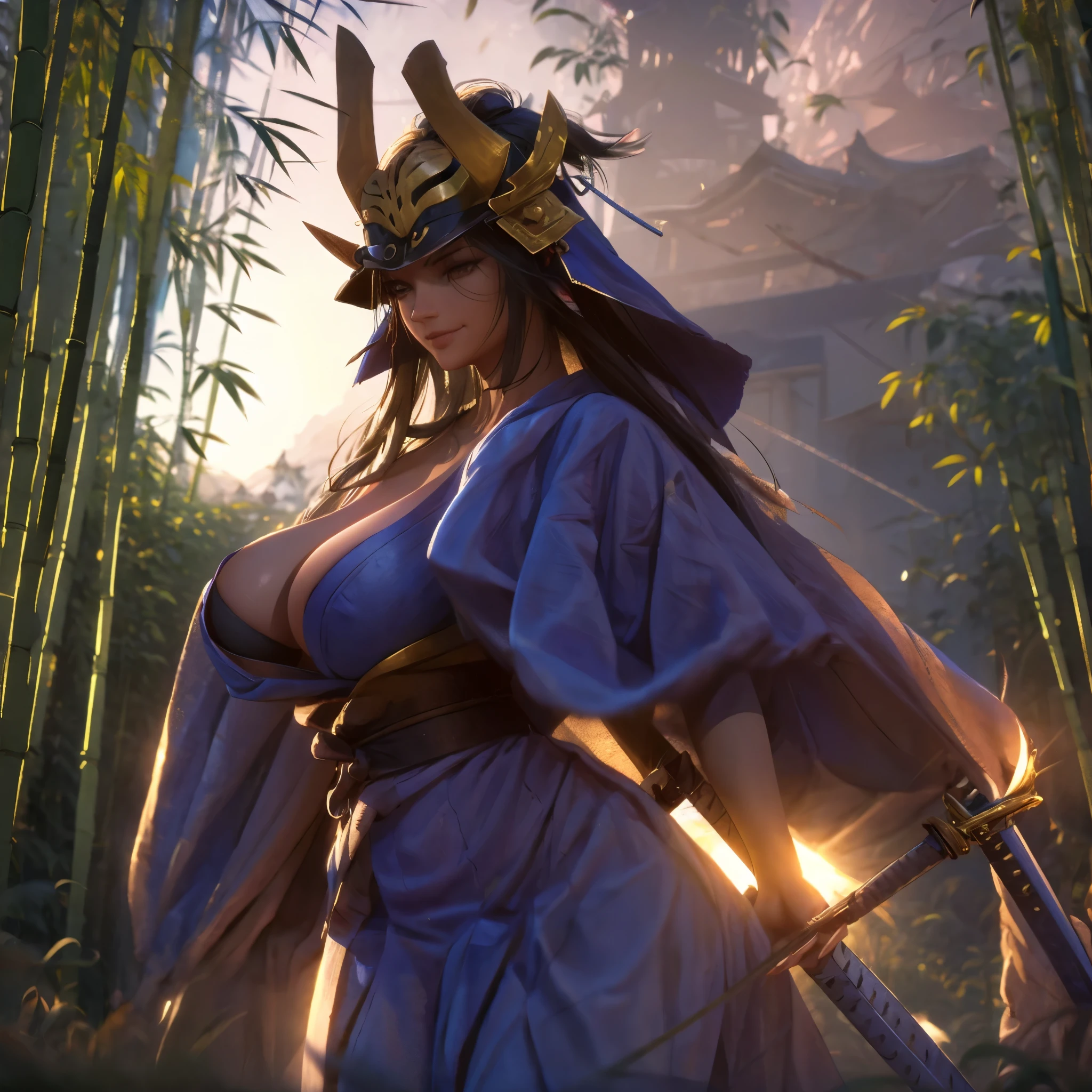 a woman wearing a weak blue kimono, big breasts, long black hair, samurai helm, holding a katana, in a landscape with bamboo, smiling.HDR, ultra resolution, well defined, masterpiece, 8K HD. (woman alone)