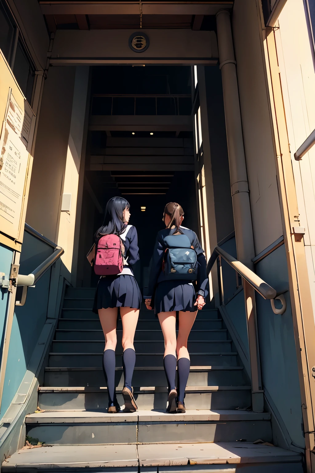 perspective view from below,back view,student,Stair climbing,run,Schoolgirl Uniform,wearing wear see-through White panties, --auto